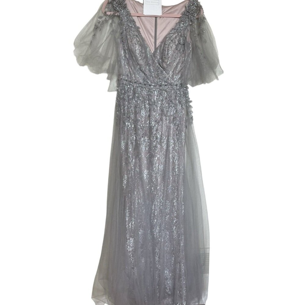 Mac Duggal Gown Dress Size 2 V Neck Beaded Floral Gray Tule Lace 12480 $698